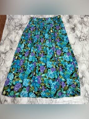 Vintage Erika 90s Floral Aline Midi Skirt Teal blue Purple stretch waist small